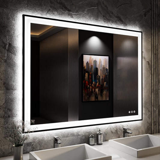 ISKM Framed LED Mirror for Bathroom 48"x36", Dimmable LED Bathroom Mirror with Lights, Anti-Fog, Front and Backlit Lighted Mirror 3-Colors, Shatterproof, Memory Function
