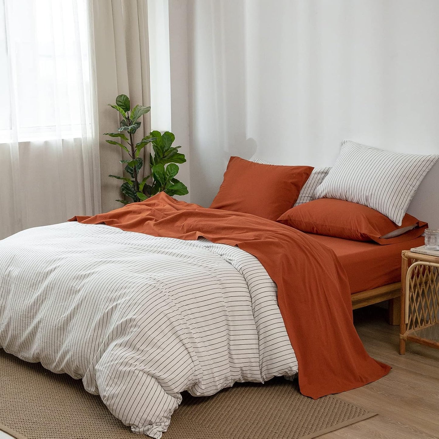 MooMee Bedding Sheet Set 100% Washed Cotton Linen Like Textured Breathable Durable Soft Comfy (Solid Rust Brown, Twin XL)