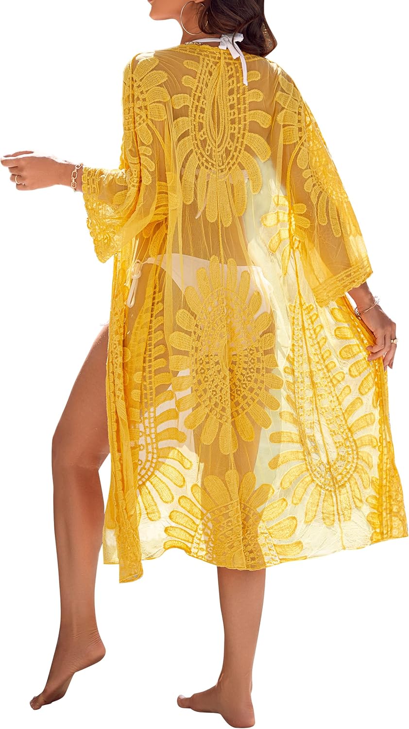 Blooming Jelly Womens Bathing Suit Cover Up 3/4 Sleeve Mesh Swimsuit Coverup Long Floral Beach Lace Kimono Summer Cardigan