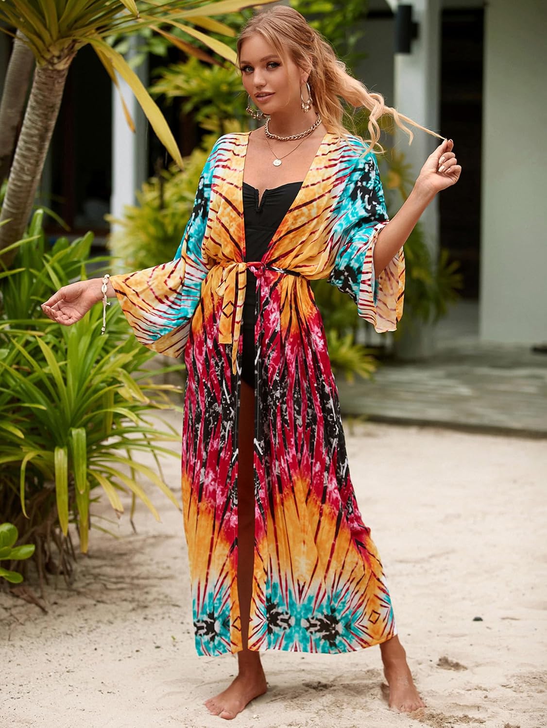 Women Casual Open Front Lightweight Cardigan Long Beach Kimono Cover Up