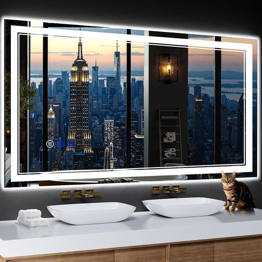 55"x30" LED Bathroom Mirror with Anti-Fog, Stepless Dimmable Lights, 3 Color Modes, Shatter-Proof Tempered Glass, Memory Function & Waterproof Design