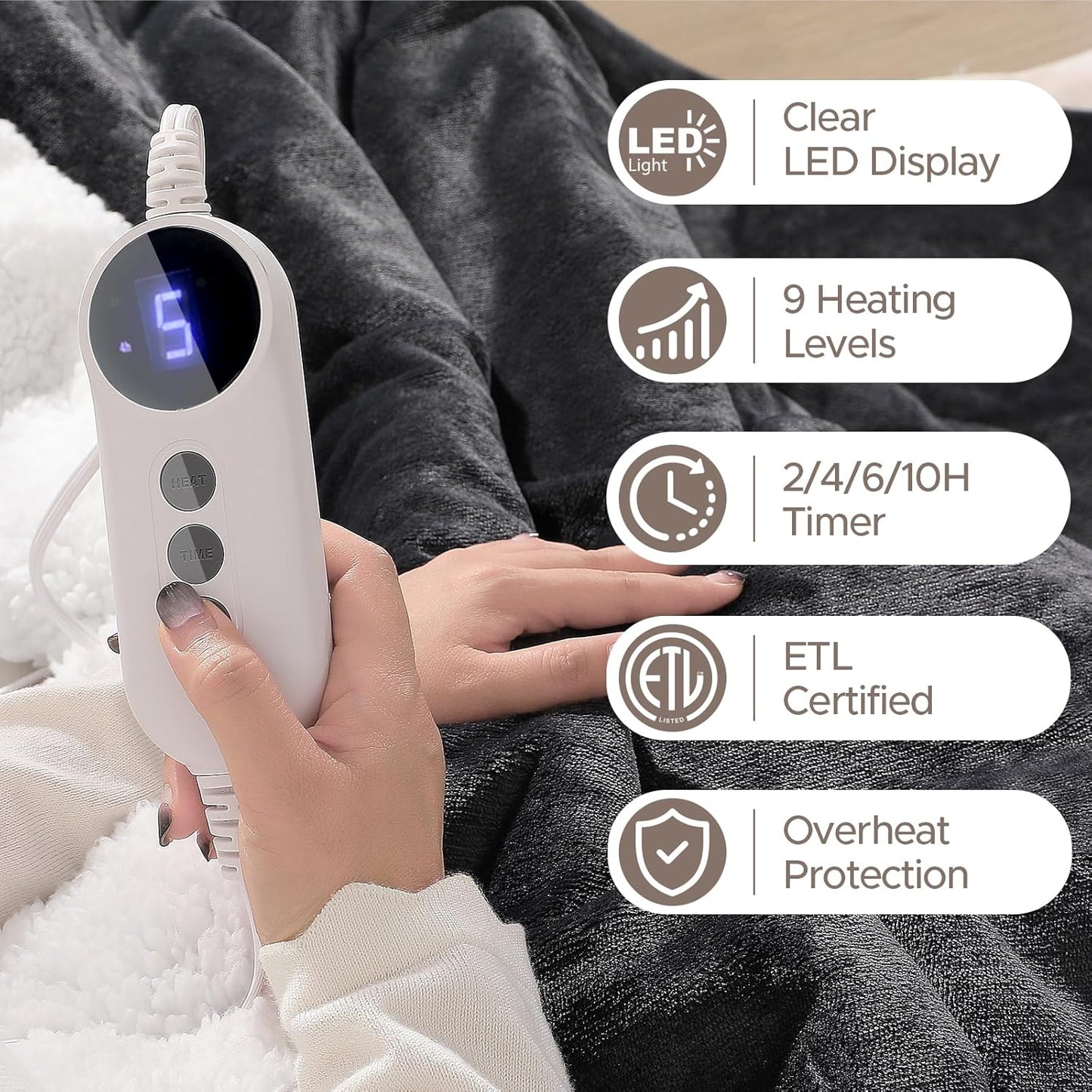 Electric Heated Blanket Throw 50"x60" - Soft Cozy Flannel & Sherpa Fabric Dual-Sided, 9 Heat Settings & 2-10 Hours Auto Off, Warming Heated Throw for Home Office, Machine Washable, Dark Gray