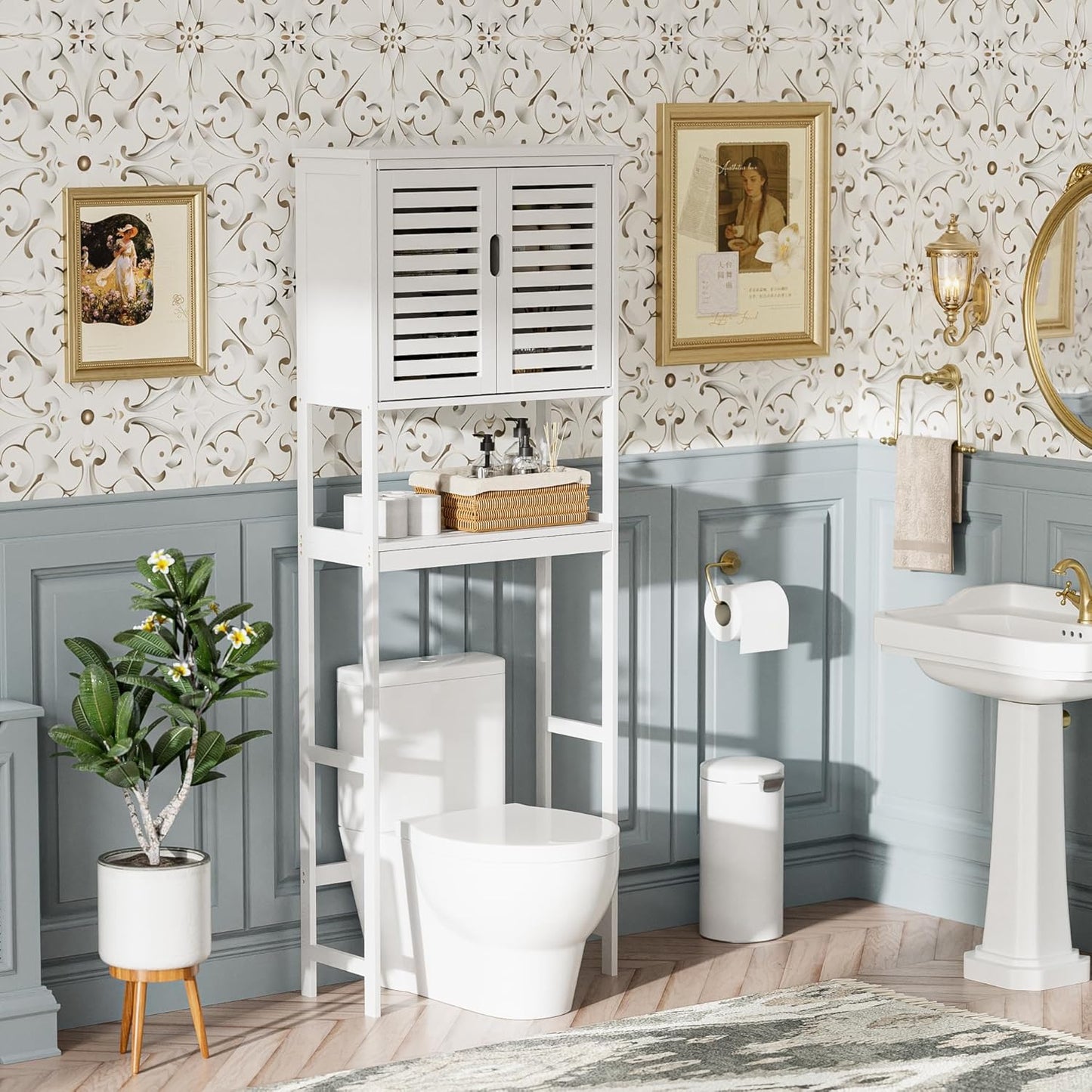 SMIBUY Bathroom Over The Toilet Storage Cabinet, 2 Door Bamboo Cabinet Organizer, Freestanding Space Saver Toilet Rack with Adjustable Inside Shelf and Open Shelf (White)
