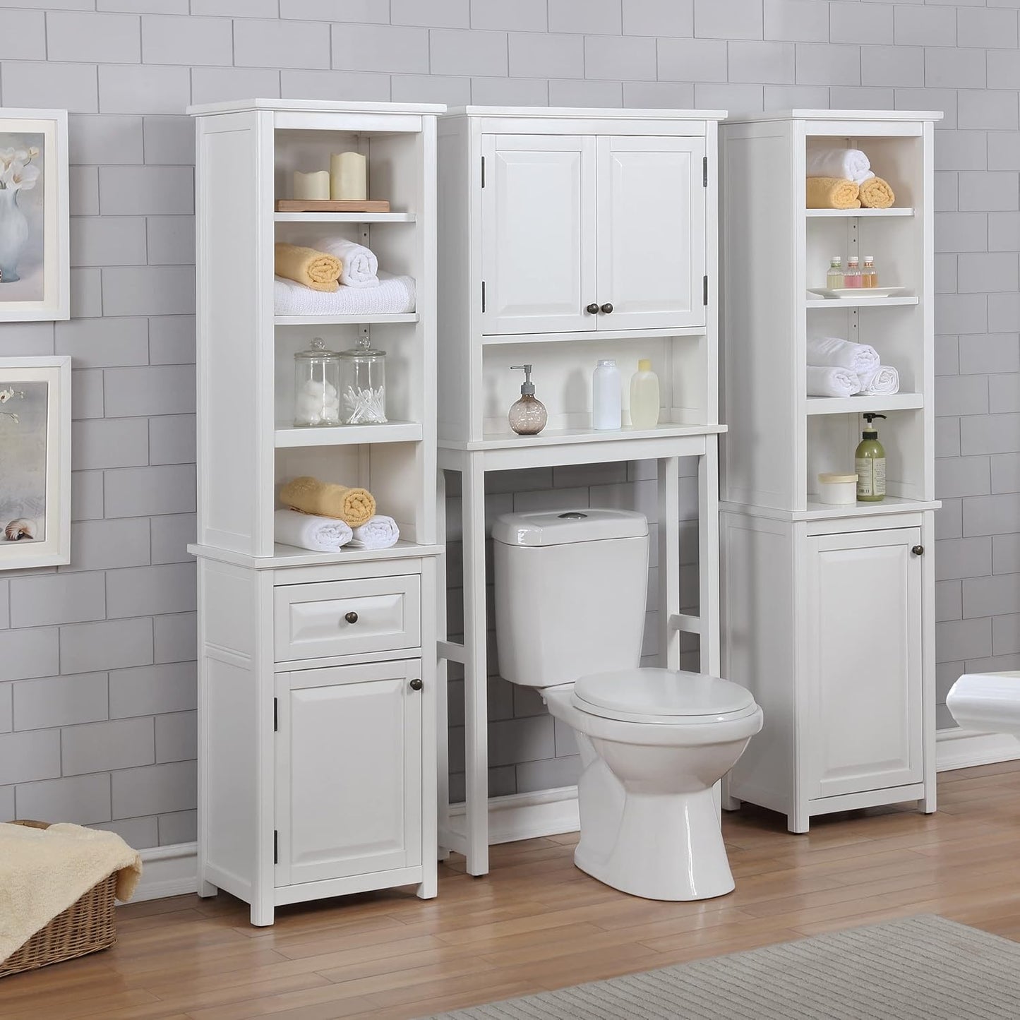 Alaterre Furniture Dorset Over-The-Toilet Storage Cabinet Set – Bathroom Organizer with Adjustable Shelf, Open Display Shelf, Zinc Hinges, and Nylon Floor Levelers (White)