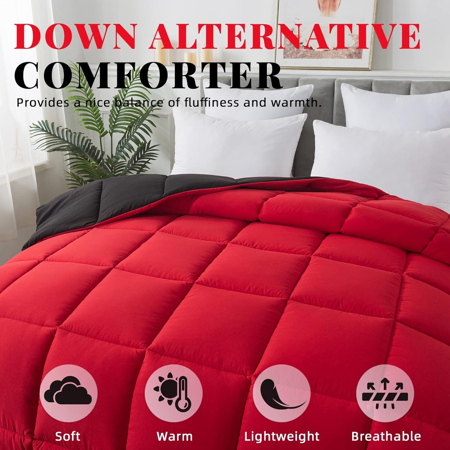 Cosybay Down Alternative Comforter (Red/Black, King) - All Season Soft Quilted King Size Bed Comforter - Duvet Insert with Corner Tabs -Winter Summer Warm Fluffy, 102x90 inches