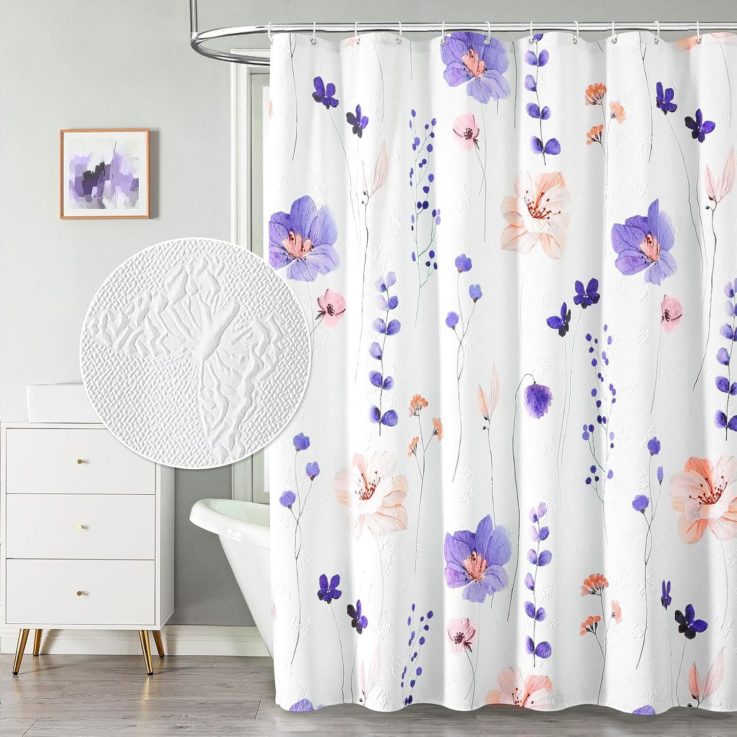 QIYI 3D Embossed Butterflies Blue Purple Flower Shower Curtain, Minimalist White Cloth Textured Waterproof Fabric Set with Hooks, 72x72