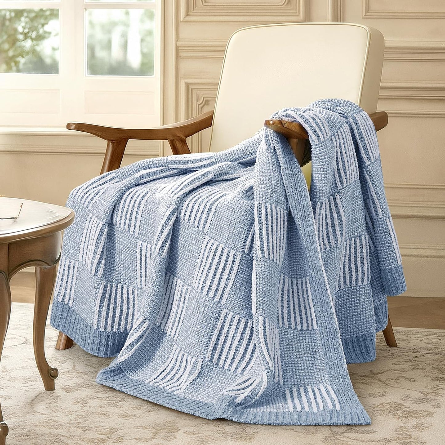 Amélie Home Checkered Knit Throw Blanket for Couch, Chenille Texture Decorative Soft Blanket for Sofa & Chair, 50"x60", Blue & White