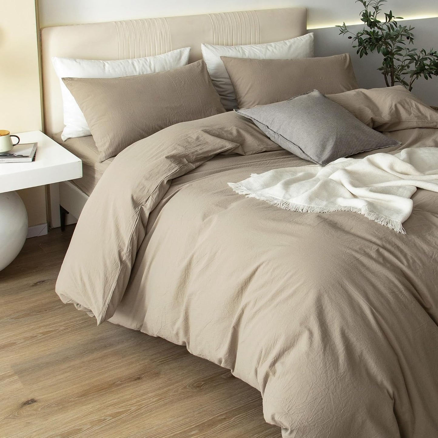 JIYUAN 100% Washed Cotton Duvet Cover Set 3 Pieces Super Queen, 1 Duvet Cover 90x98 Inches(Comforter Not Included) and 2 Pillowcases,Linen Feel Bedding Set Comfy and Breathable,Khaki