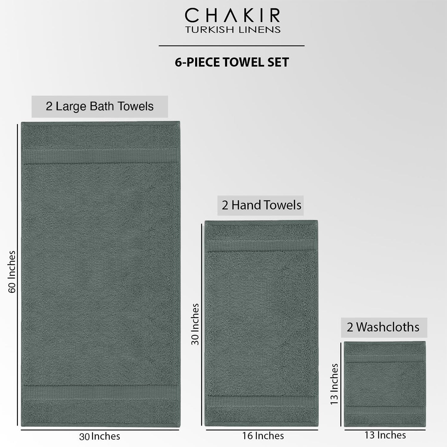 Chakir Turkish Linens 100% Cotton Premium Turkish Towels for Bathroom, 2 Large Bath Towels, 2 Hand Towels, 2 Washcloths (6-Piece Towel Set, Dark Gray)