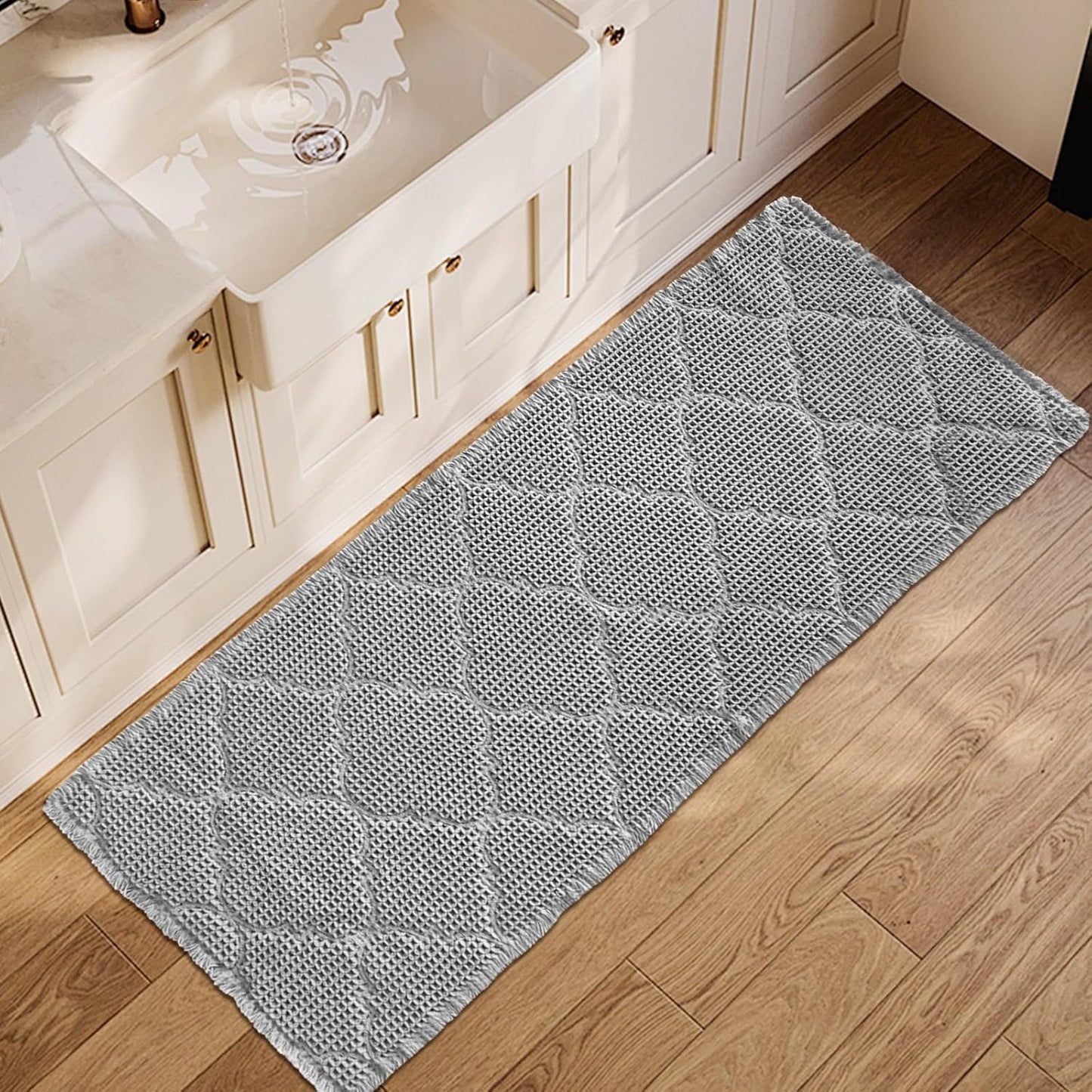 ZALL Waffle Bath Mat,Super Absorbent Non Slip Bathroom Rug,Grey 24X72inch, Geometric Diamond Machine Washable Ultra Soft Floor Mats Gray