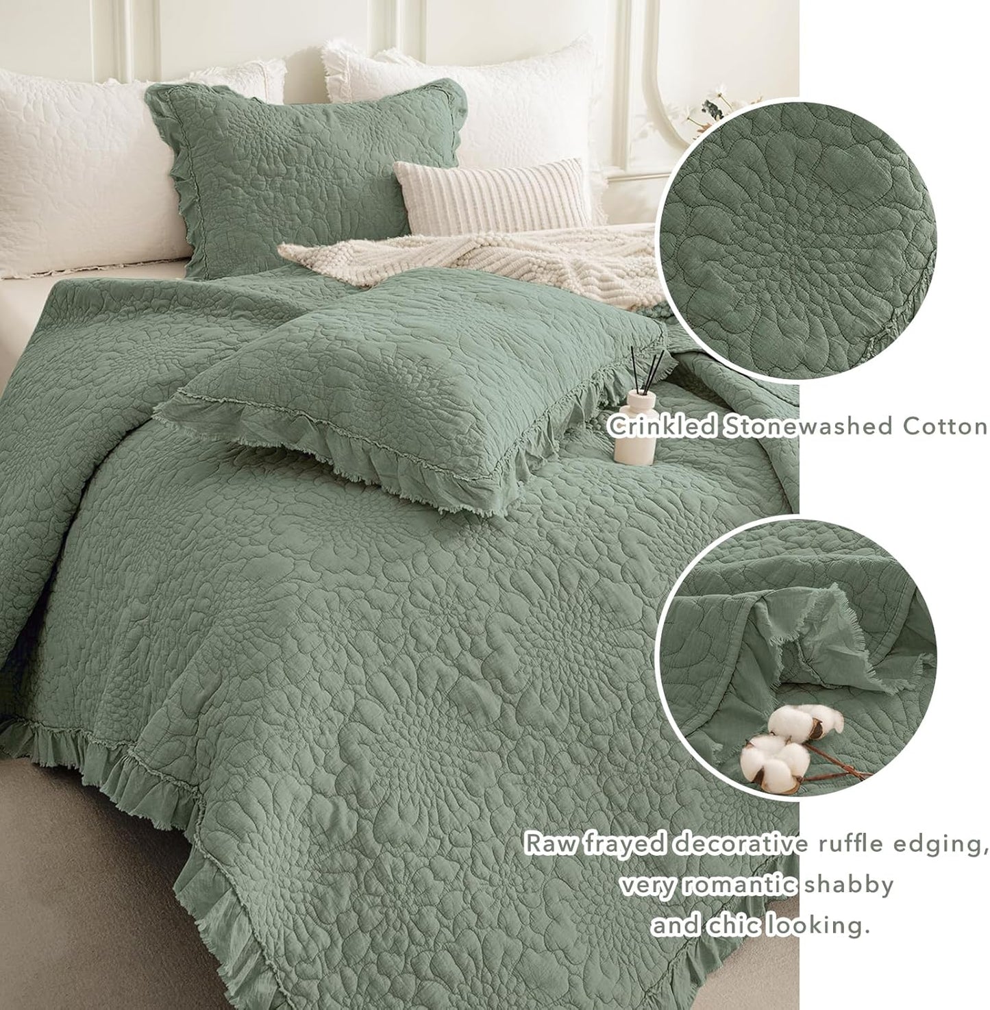 QSH 3PCs Olive Green Oversized King Quilt Bedspread Set(120"x120"),Stonewashed Cotton Ruffled Quilt California King,Ultra Soft Lightweight Crinkled Shabby Bedspread Coverlet Bed Set for All Seasons