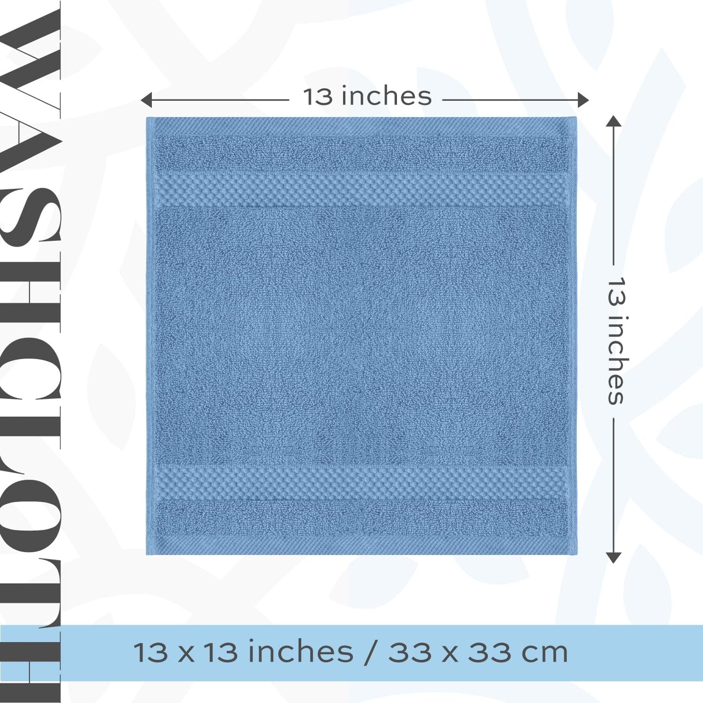 White Classic Luxury Cotton Washcloths 13x13 Inch - 650 GSM Turkish Cotton | Hotel, Spa, Bathroom Face Towel | 12 Pack, Light Blue