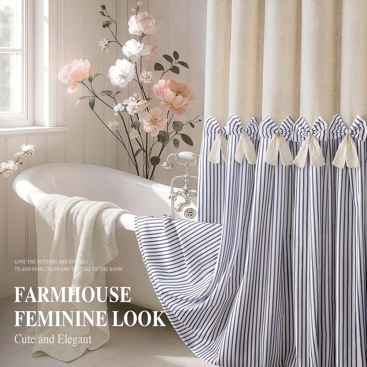 Farmhouse Shower Curtain Linen Bow Woven Fabric Country Rustic Western, Pleated Grey Stripe 72" W x 84" L
