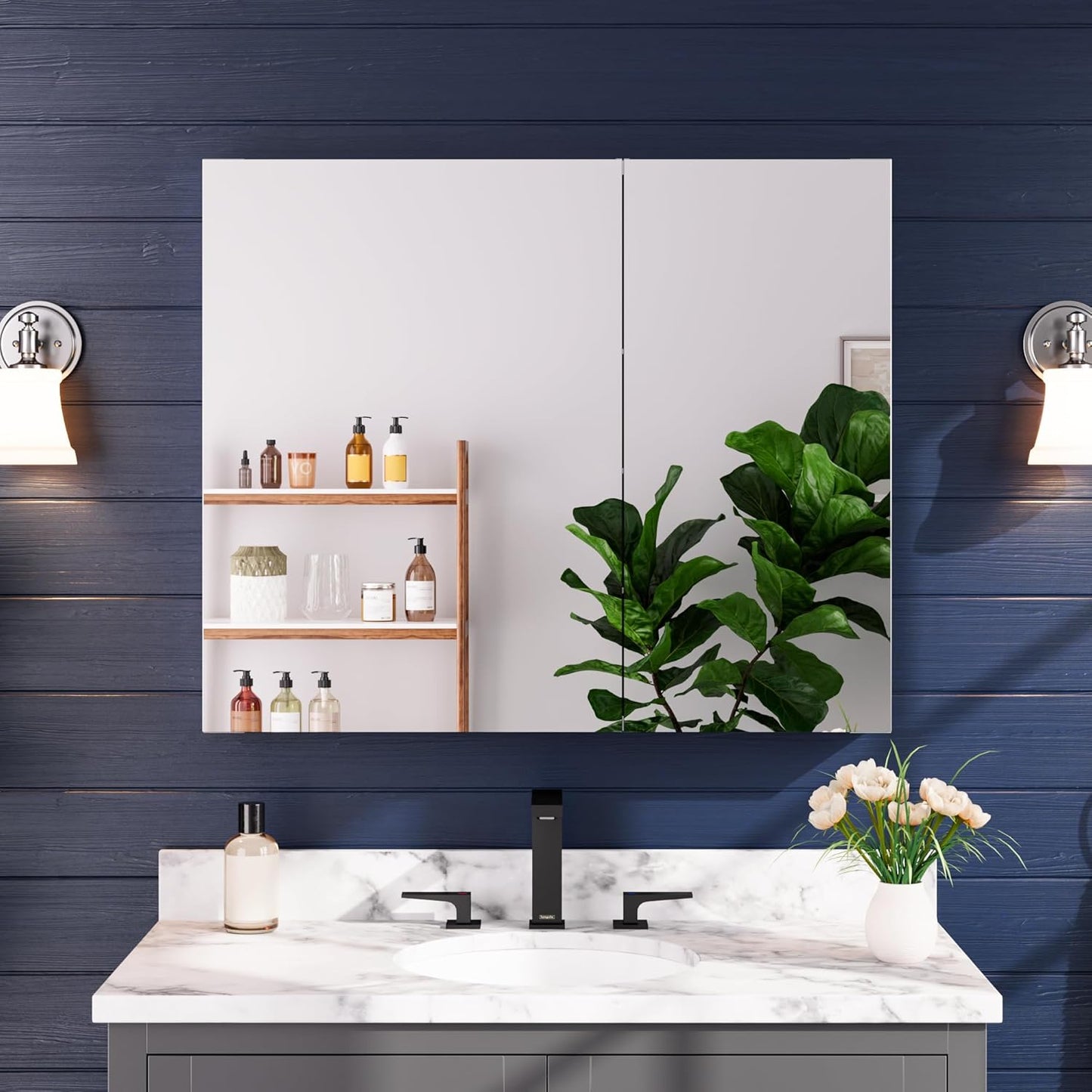 Medicine Cabinet 36" x 30", Bathroom Medicine Cabinet with Mirror, Recessed Medicine Cabinets with Adjustable Shelves, Soft-Closing Door, and Aluminum Alloy Frame - Reverse Installation, Silver