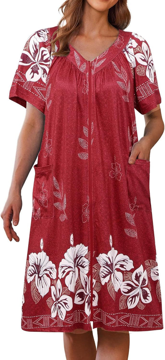 Ekouaer Women Robe Zipper Front Mumu Duster Robes Zip Up Housecoat Soft Sleepwear with Pockets S-3XL