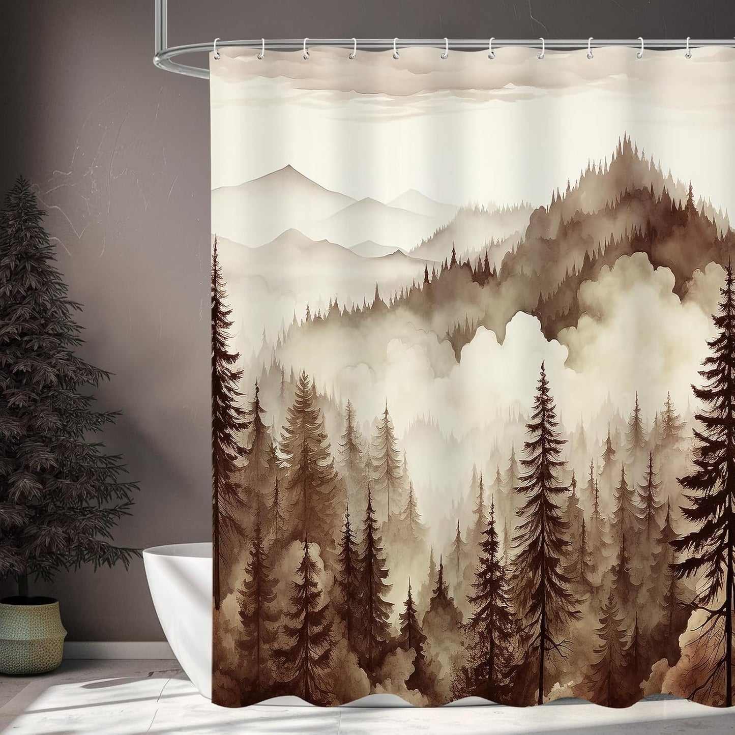 Brown Misty Pine Forest Shower Curtain, Tan Mountain Foggy Woodland Scenery Tree Shower Curtains for Chic Rustic Bathroom, Abstract Modern Waterproof Nature-Themed Decor, 72x72 Inches
