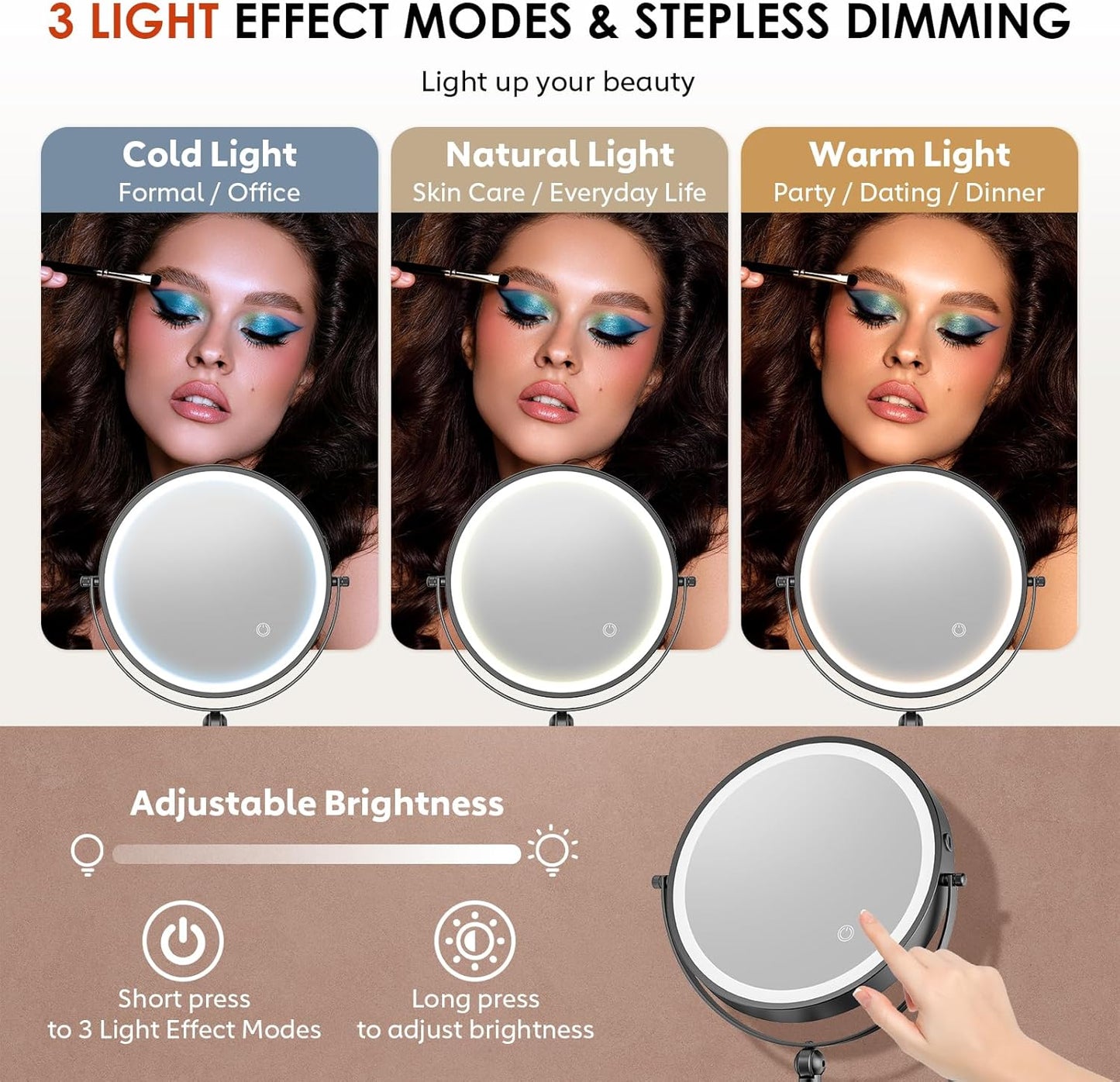 9" Wall Mounted Lighted Makeup Mirror,4000mAh Rechargeable Double Sided 1X/30X Magnifying Mirror with Light,Touch Dimmable,Extended Arm 360 Rotation Wall Mounted Makeup Mirror 3 Color Lights