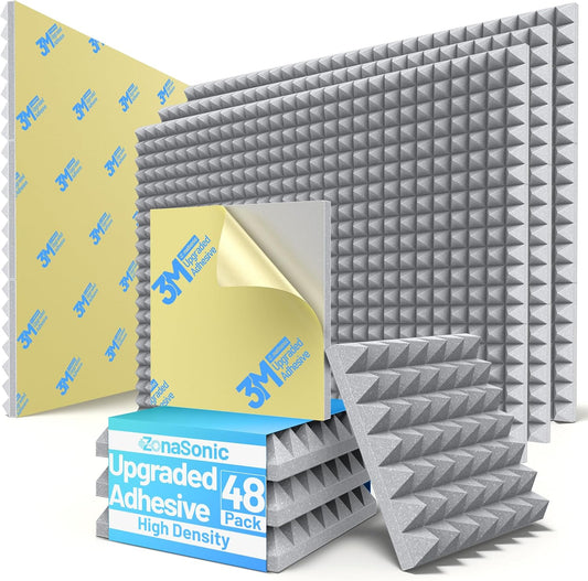 48 Pack Pyramid Sound Proof Foam Panels for Walls with Updated Self-Adhesive 2"X12"X12" High Density Acoustic Panels Sound Absorbing Fast-Expanding Soundproof Wall Panels for Gaming Studio Decor- Gray