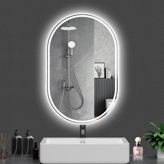 Bathroom Mirror 24"x40" LED Bathroom Mirror with Lights, Anti-Fog, Dimmable Oval Mirrors with Front Light and Backlit, Modern Farmhouse Wall Mounted Mirror for Decorative