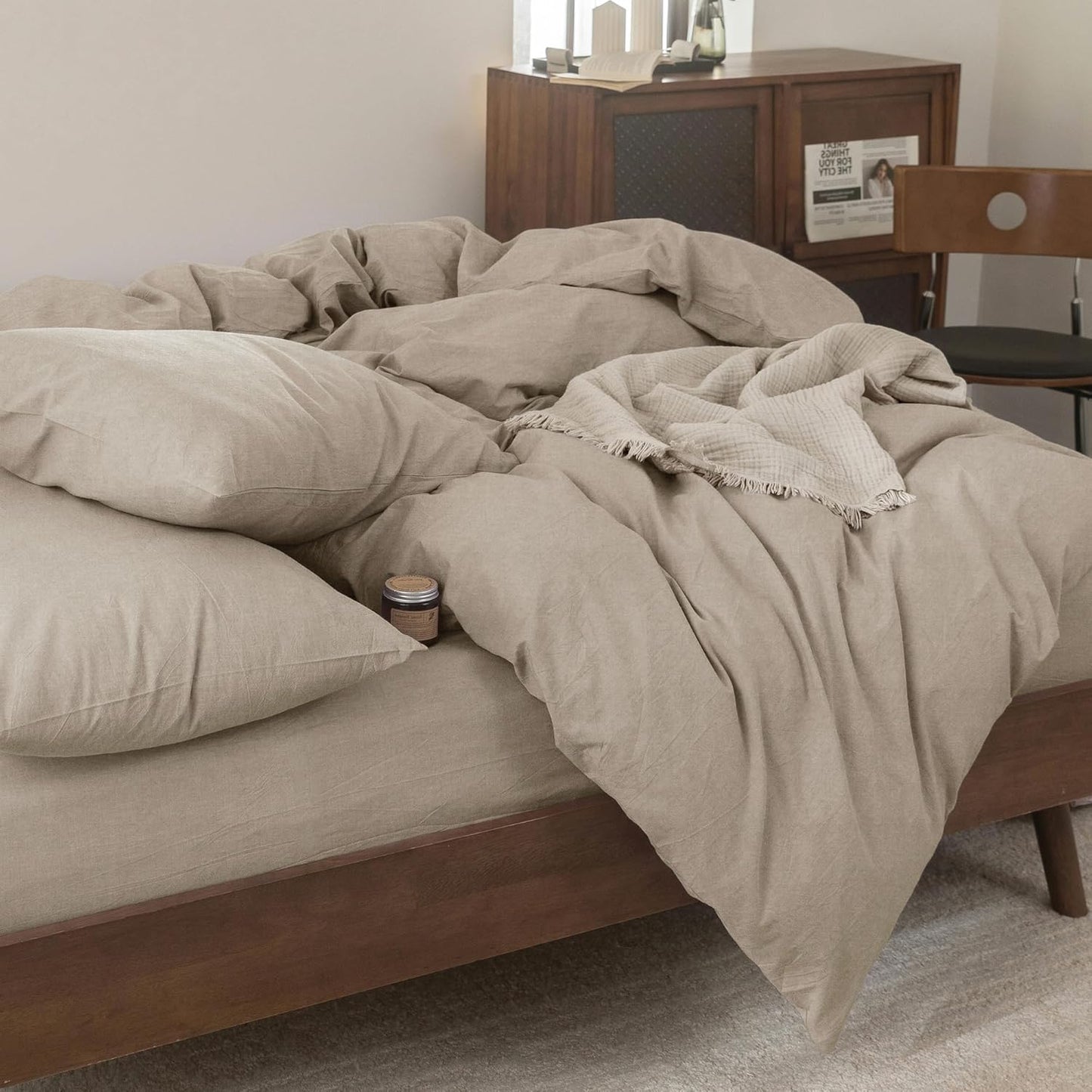 FOSSA Duvet Cover Set 100% Washed Cotton Linen Feel Super Soft Breathable Cozy 3 Pieces Bedding Sets Solid Tannish Linen Grey Queen
