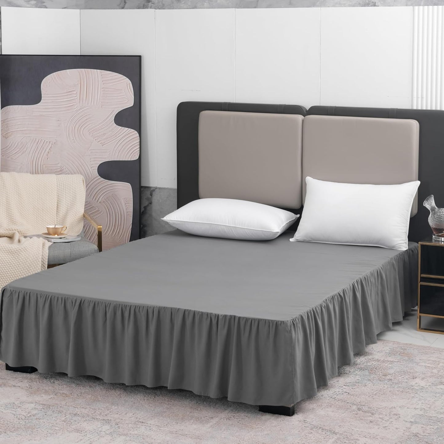 TSUTOMI Grey Bed Skirt Full Size Ruffled Bed Skirt with Split Corners, Full Bed Skirt 16 Inch Drop, Full Size Bed Skirt Grey for Ruffled Bed Skirt with Split Corners, Bed Skirt Full Size