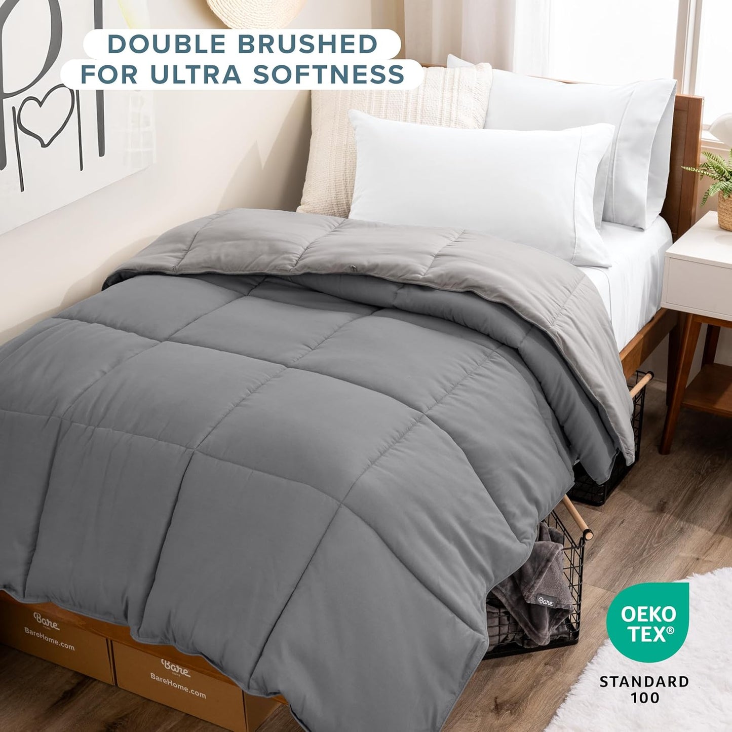 Bare Home Comforter - Reversible Colors - Goose Down Alternative - Ultra-Soft - Premium 1800 Series - All Season Warmth - Bedding Comforter (Twin/Twin XL, Grey/Light Grey)
