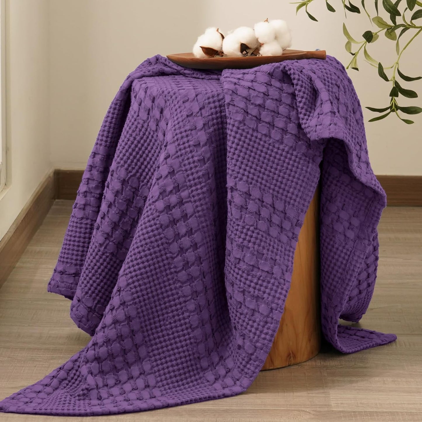 PHF 100% Cotton Waffle Weave Throw Blanket, Soft Lightweight Breathable Cozy Throws for Couch Bed Sofa, Luxury Aesthetic Woven Blanket for Home Decor & Office, 50"x60", Grape