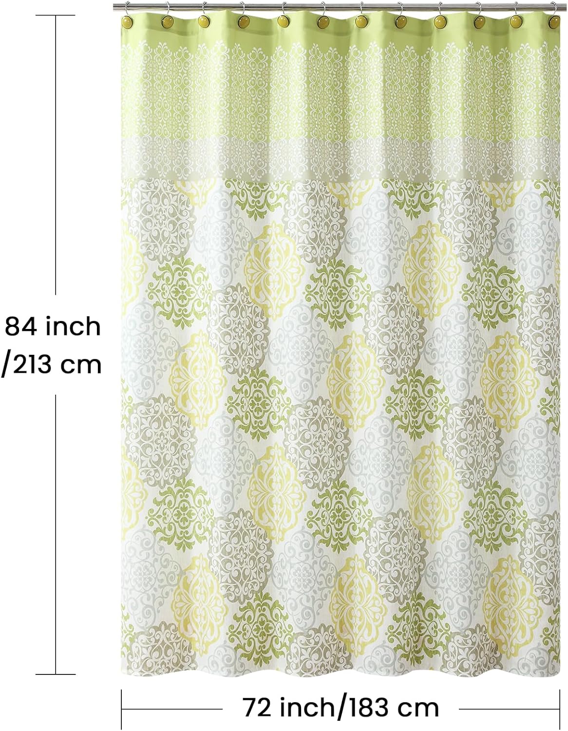 Extra Long Fabric Shower Curtain, Green Yellow Grey Boho Medallion Print Shower Curtains for Bathroom, 72" W x 84" H