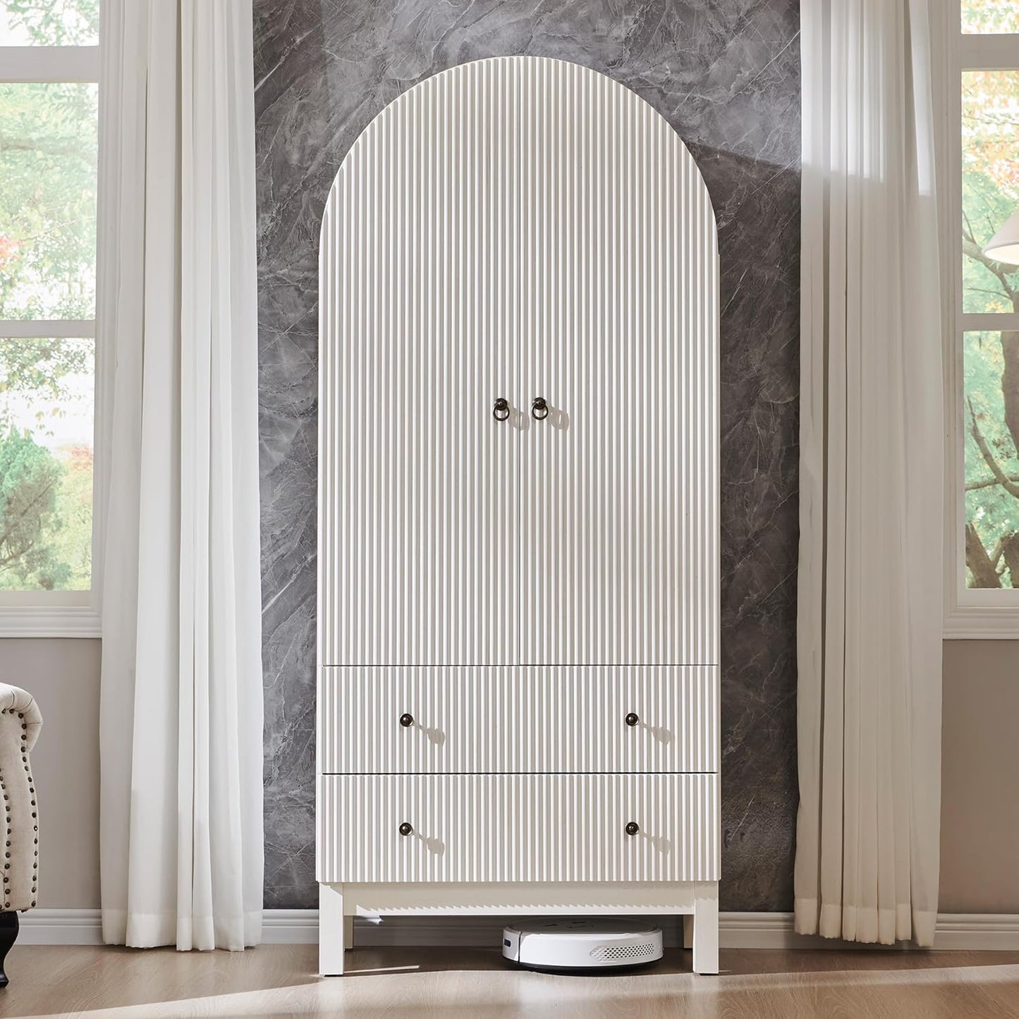 71" Tall Arched Bathroom Storage Cabinet, Modern Fluted Cabinet Storage with 4 Shlves and 2 Drawers, Floor Cabinet for Bathroom, Living Room, Kitchen, White