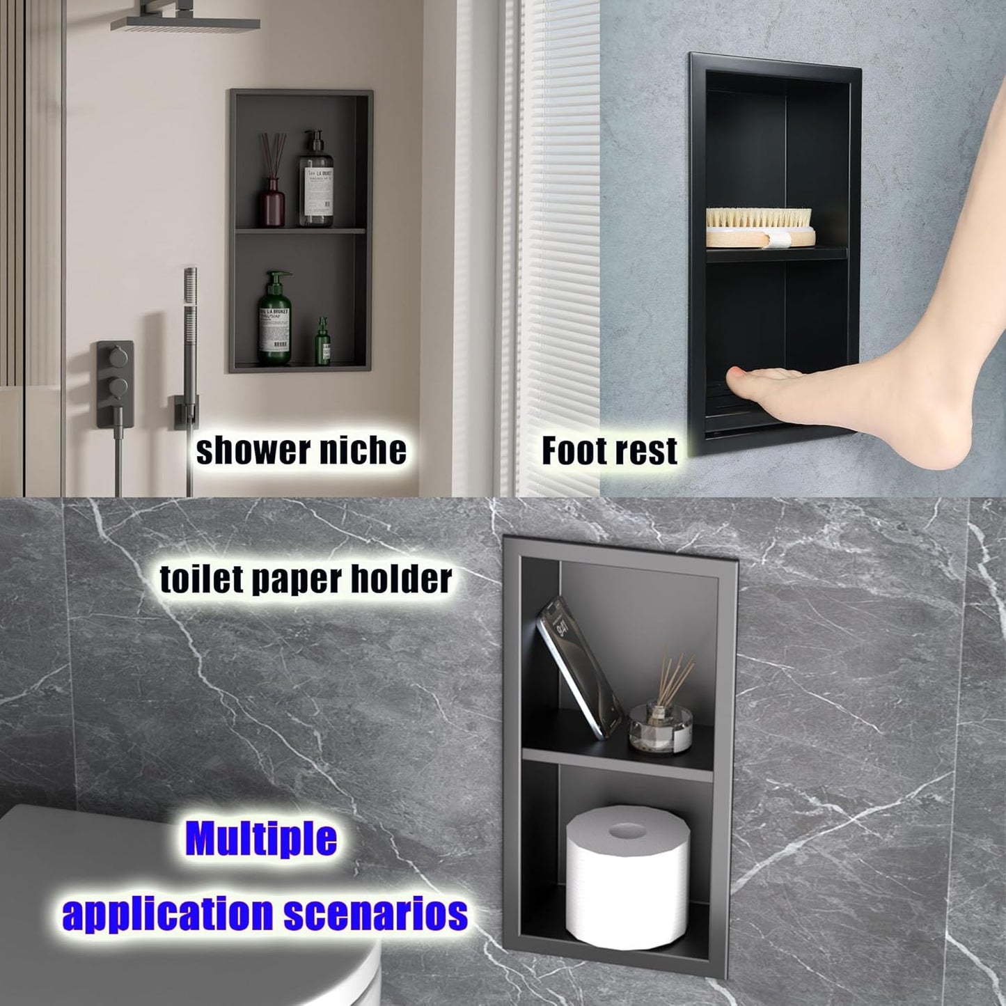Shower Foot Rest for for Shaving Legs,Double Bathroom Selves Niche Insert for Footrest,Foot Holder Bathroomr,Stainless Steel 304，Matte Black,12.2 in x 4.8 in x 3.9 in