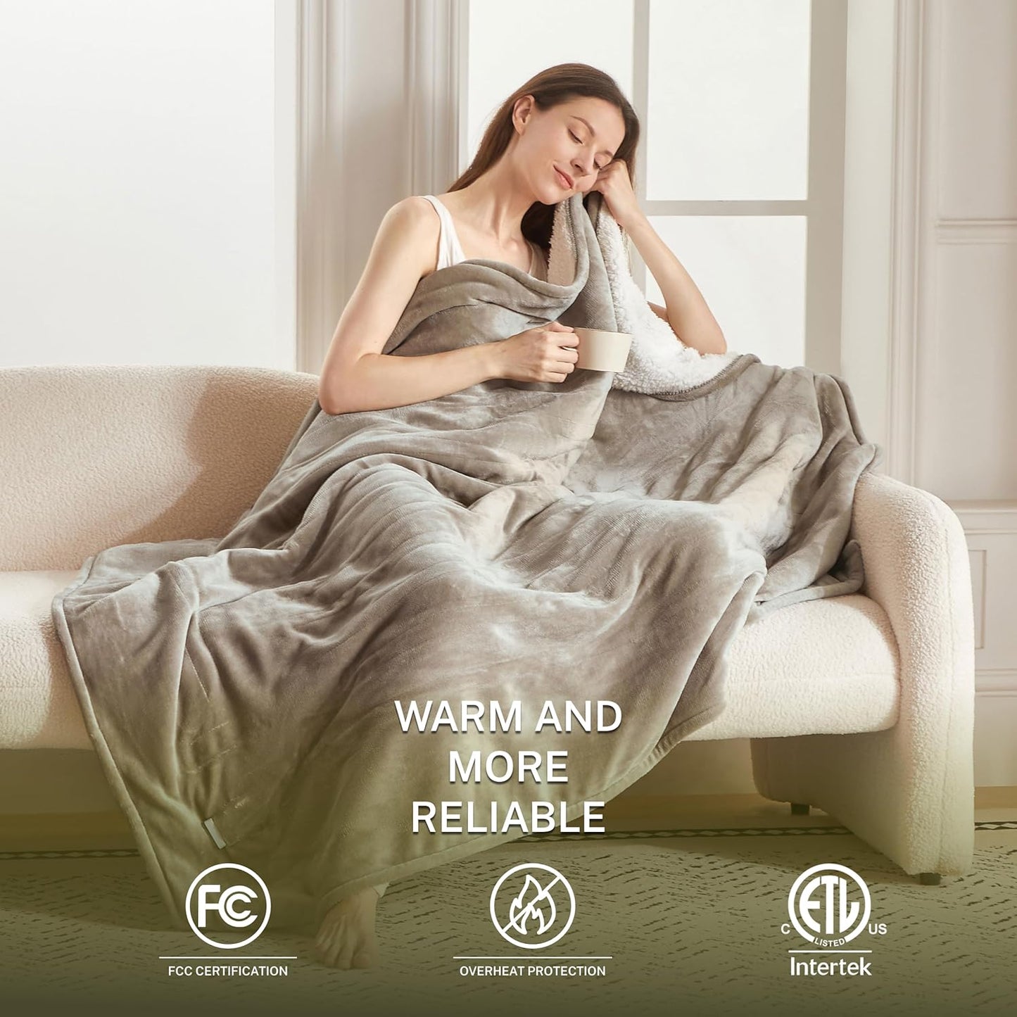 Heat Blanket 62”x84” Twin Size,Soft Flannel & Sherpa Reversible Electric Blanket with 10 Heat Settings,12 Timer Setting and 8 Hours Auto-Shut Off,ETL Certified Machine Washable,Light Brown