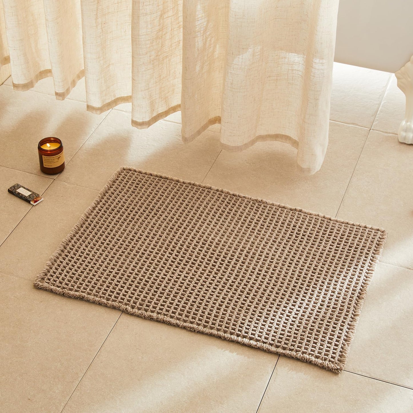 Waffle Bath Mat, Boho Bathroom Rugs Non Slip Washable Super Absorbent Quick Dry Bath Mat Farmhouse Bathroom Decor, 30"x20" Beige