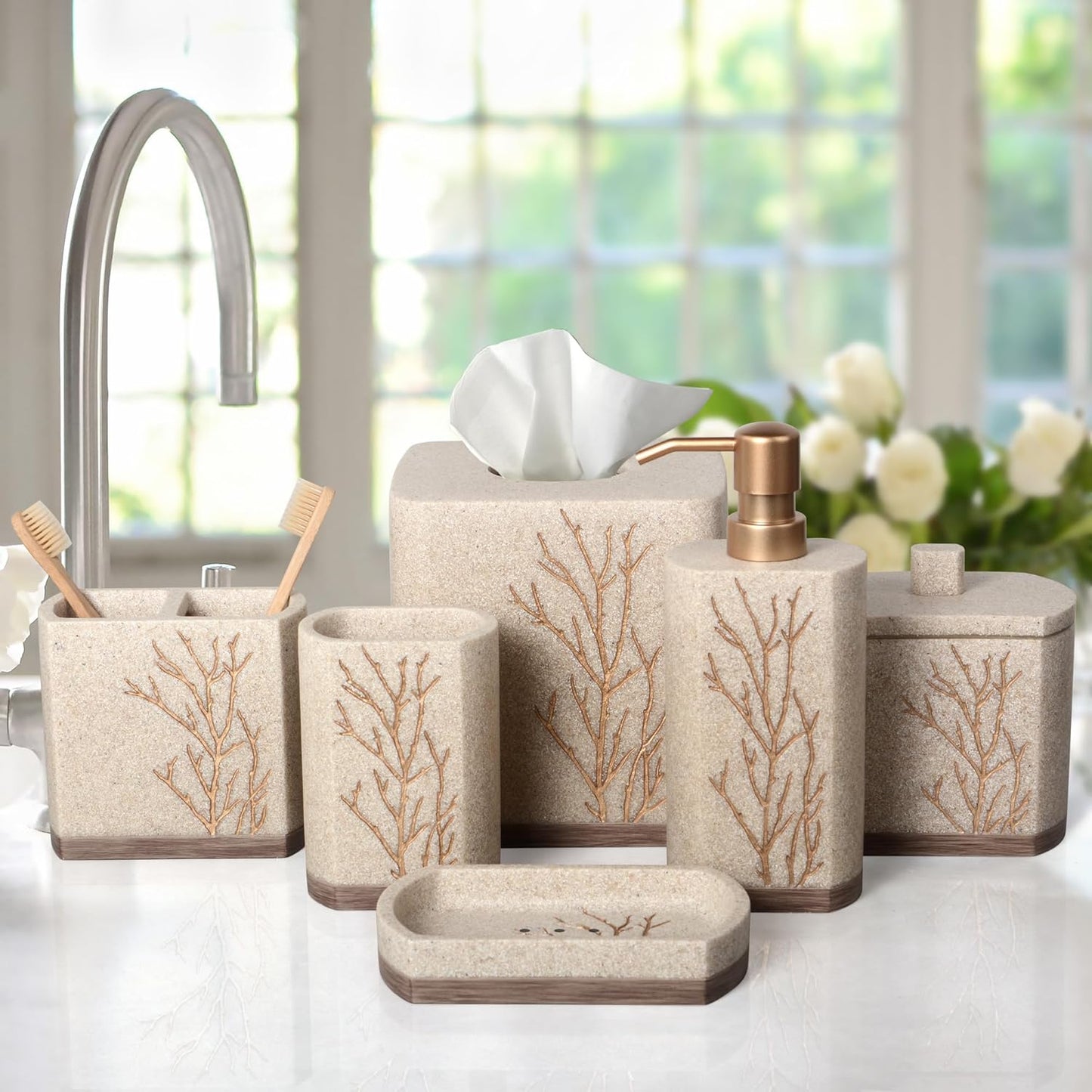 Decozen Bathroom Accessories Set 6Pcs – Soap Dispenser, Toothbrush Holder, Tumbler, Soap Dish & Cotton Swab Jar – Modern Bathroom Decor, Bath Set for Christmas Decor, Kent