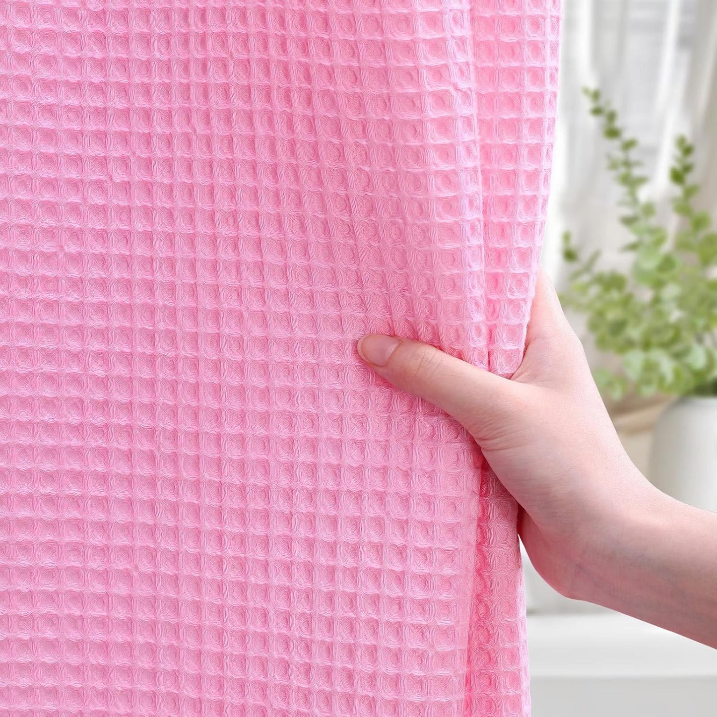 Waffle Weave Shower Curtain - Pink Cotton Fabric Texture Heavyweight Shower Curtain for Bathroom,Washable,72Wx72L