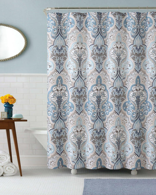 Decorative Blue & Brown Boho Fabric Shower Curtain, Modern Farmhouse for Vintage Rustic Bathroom Decor, Floral Victorian, 72 x 72