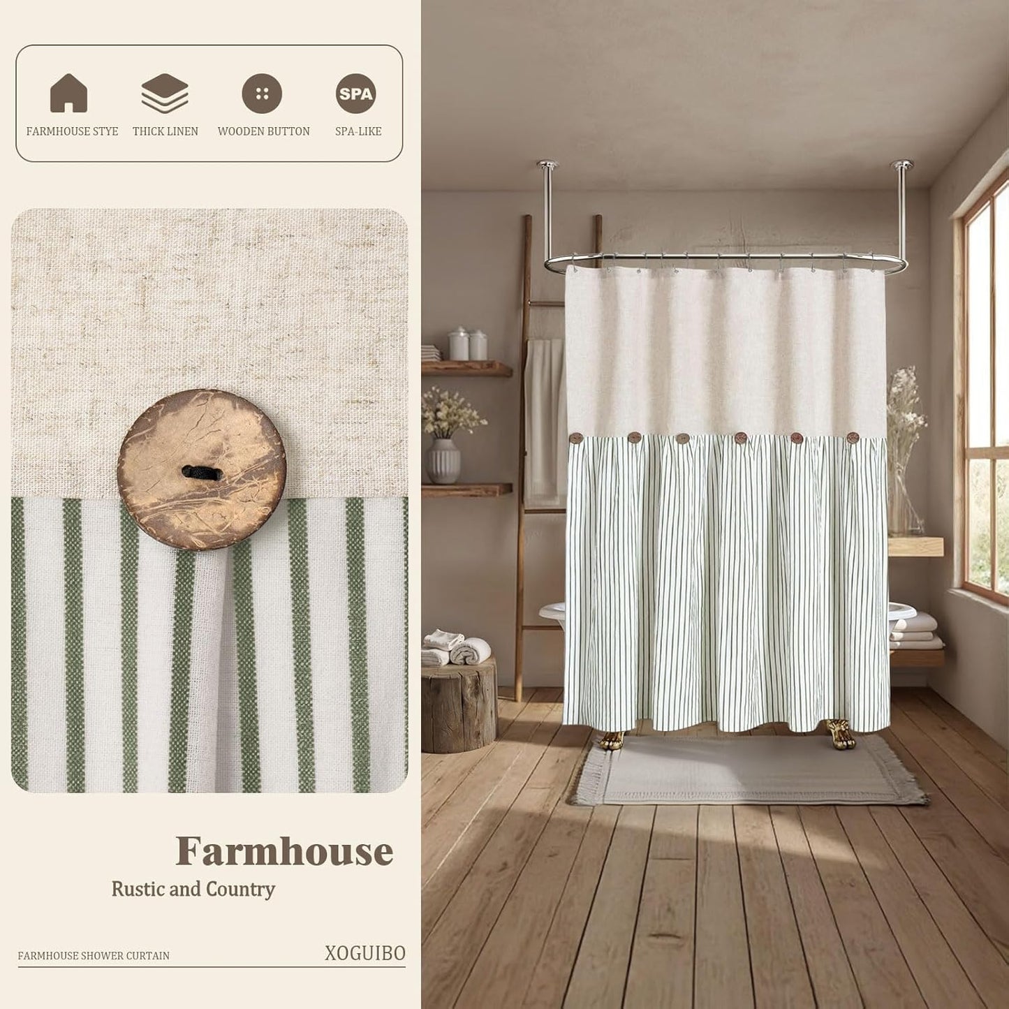 Farmhouse Shower Curtain Linen Button Woven Fabric Country Rustic Western, Pleated Green Stripe 72" W x 72" L
