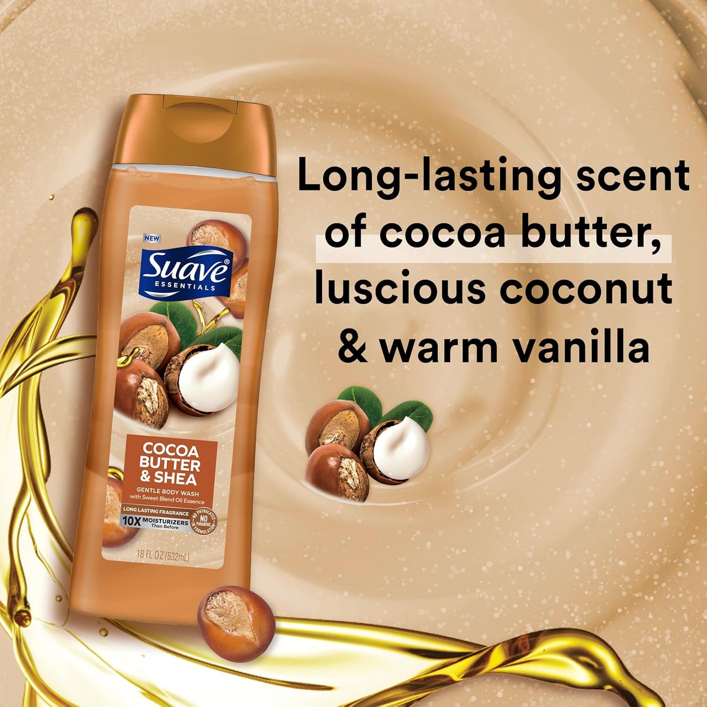 Suave Moisturizing Body Wash, Cocoa Butter and Shea with Vitamin E Extract, No Parabens, No Phtahaltes, 18 Oz Pack of 6