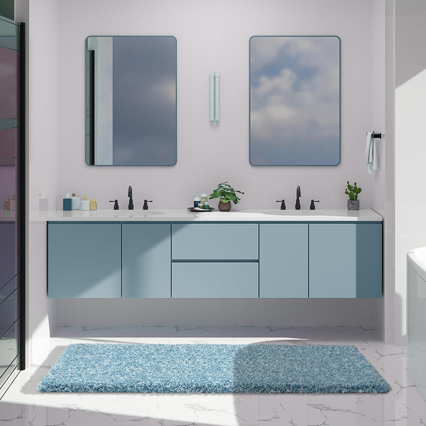 Yimobra Luxury Bathroom Rugs, Fluffy Bath Mats, Non Slip, Water Absorbent Microfiber, Machine Washable, Plush Runner Shower Rugs, Thick Matts for Bathroom Floor&Tub, 70"x 24", Denim Blue and White