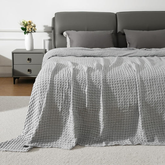 Aganear Waffle Blanket - Lightweight Breathable Summer Blanket of 50% Cotton and 50% Rayon Derived from Bamboo for Hot Sleepers Luxury Throws for Bed, Couch and Sofa,Grey,104x90 Inches