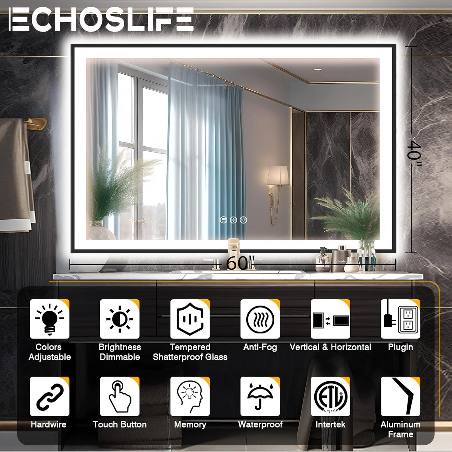 60x40 LED Mirror for Bathroom - Matte Black Framed, Anti-Fog Vanity Mirror with Lights, Stepless Dimmable, 3 Colors Smart