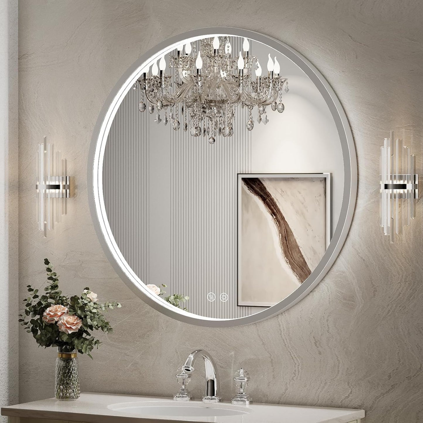 32" Round LED Bathroom Mirror, Dimmable Anti-Fog Vanity Mirror with Touch Control, 6000K Natural Light, Silver Metal Frame, Wall Mounted for Makeup Shaving (IP54, 90+ CRI)