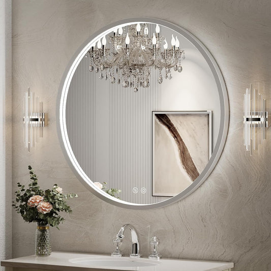 32" Round LED Bathroom Mirror, Dimmable Anti-Fog Vanity Mirror with Touch Control, 6000K Natural Light, Silver Metal Frame, Wall Mounted for Makeup Shaving (IP54, 90+ CRI)