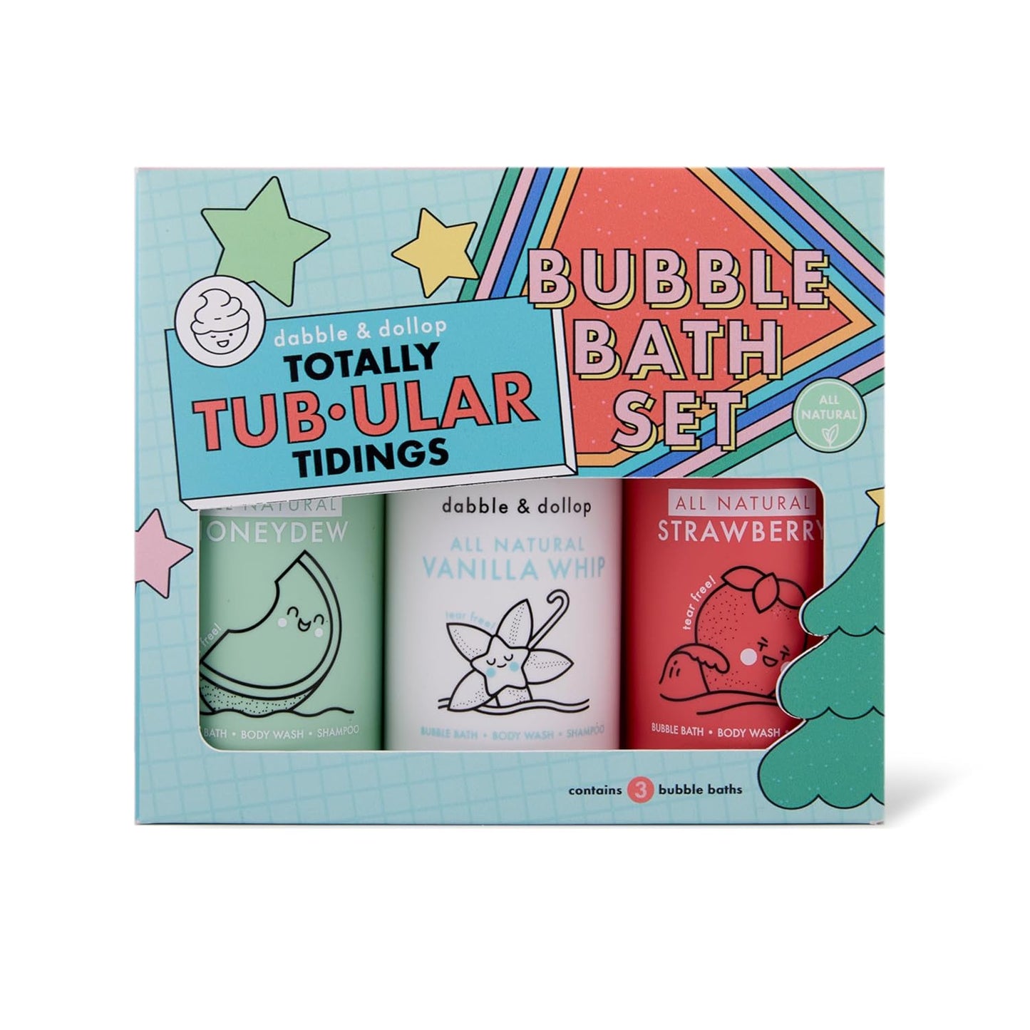 Dabble & Dollop Totally Tub-ular Tidings Bubble Bath Set - Holiday Gift Bundle with Three Mixable 3-in-1s - Bubble Bath Body Wash and Shampoo - Strawberry, Honeydew & Vanilla