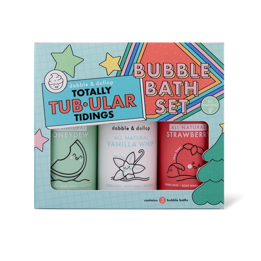 Dabble & Dollop Totally Tub-ular Tidings Bubble Bath Set - Holiday Gift Bundle with Three Mixable 3-in-1s - Bubble Bath Body Wash and Shampoo - Strawberry, Honeydew & Vanilla