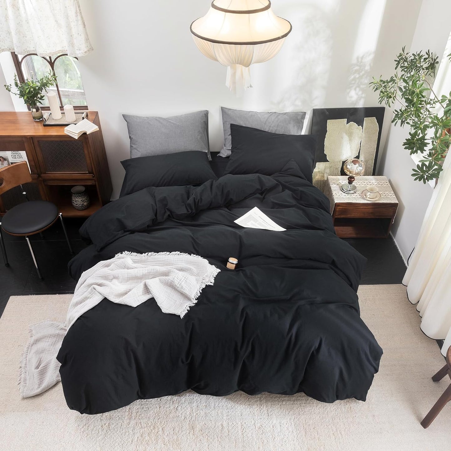 FOSSA Duvet Cover Set 100% Washed Cotton Linen Feel Super Soft Breathable Cozy 3 Pieces Bedding Sets Solid Black California King