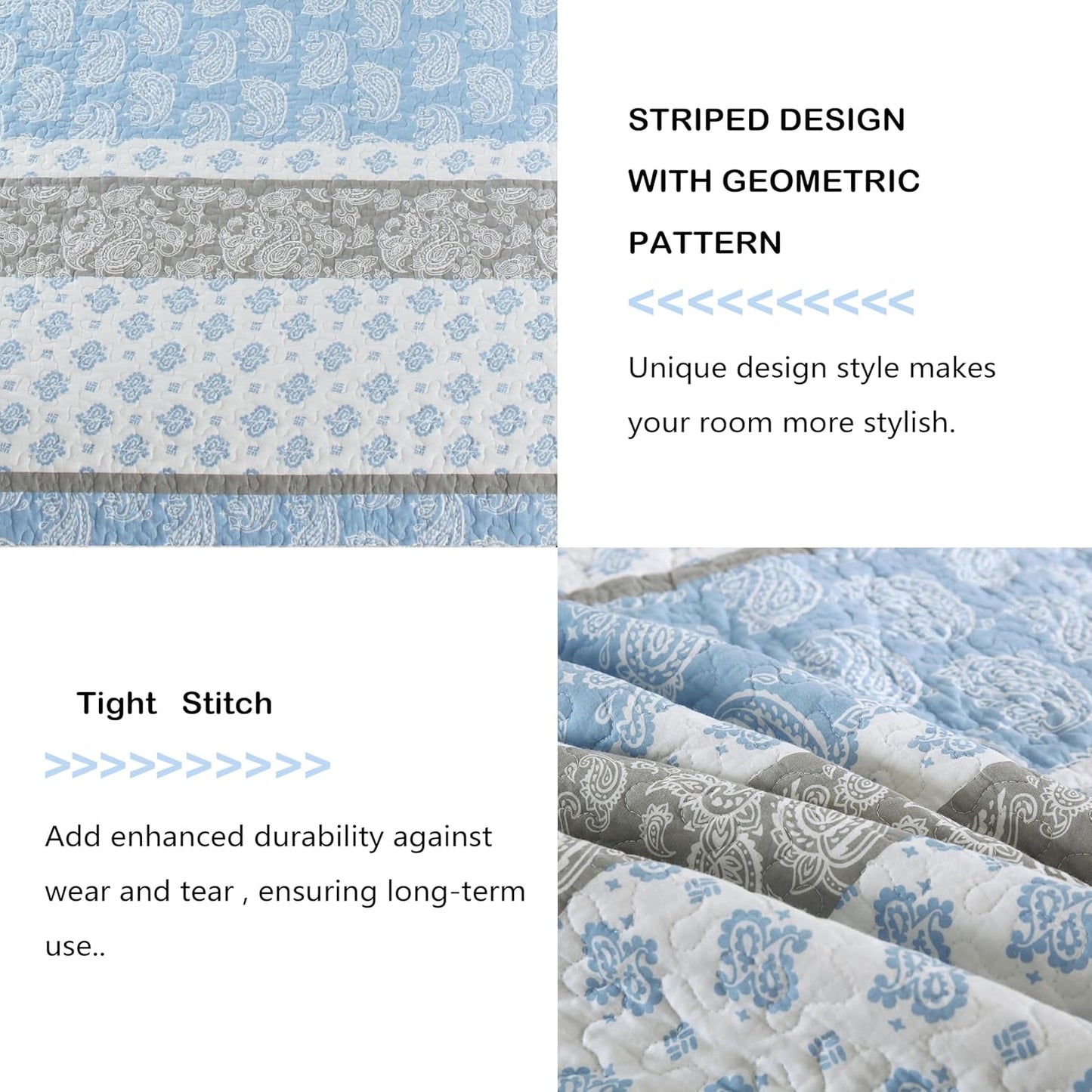 Cotton Quilts Queen Size, Blue Comforter Set, Farmhouse Striped Bedspreads Queen Size,Bohemian Bedding Comforter Sets,All Seasons 3 Pieces