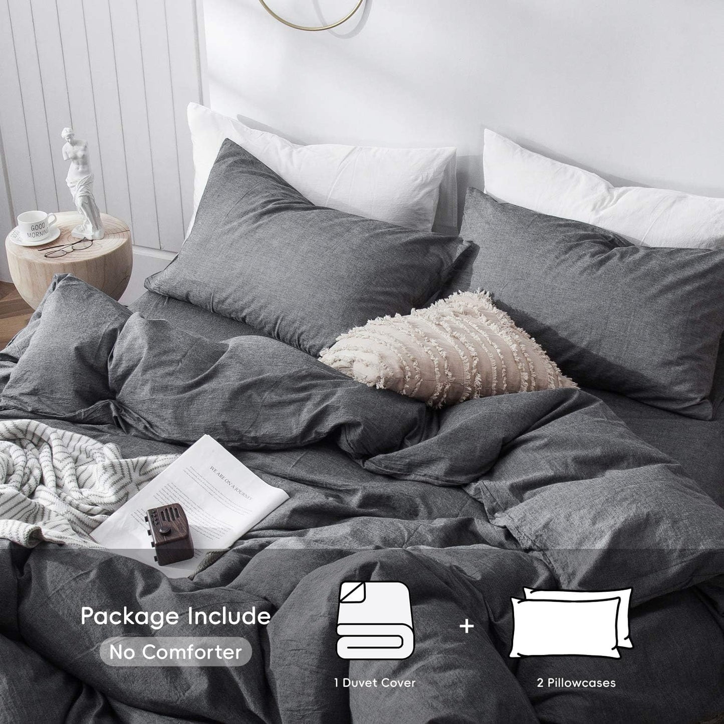 MooMee Bedding Duvet Cover Set 100% Washed Cotton Linen Like Textured Breathable Durable Soft Comfy (Heathered Dark Grey, Palatial King/Oversized King 120"x98")