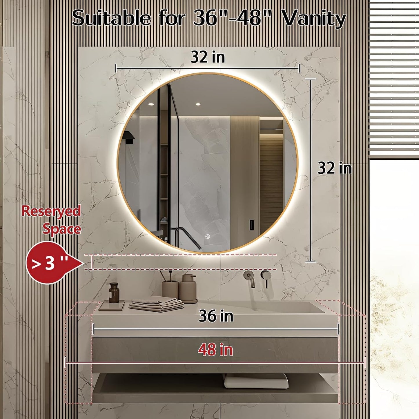 Niccy 32" LED Backlit Round Mirror for Bathroom, Gold Framed Vanity Light Wall Mirror LED Smart Circle Mirrors with 3 Lighting Colors, Dimmable Lighted Mirror with Anti-Fog, IP65 Waterproof