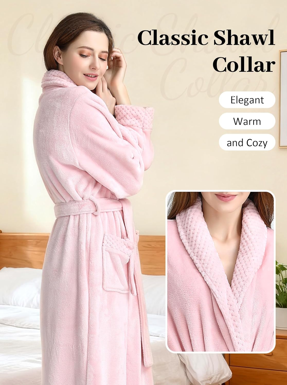 Artfasion Womens Long Fleece Robe - Warm Soft Floor Length Flannel Bathrobes for Winter Thicker Long House Coat with Pockets