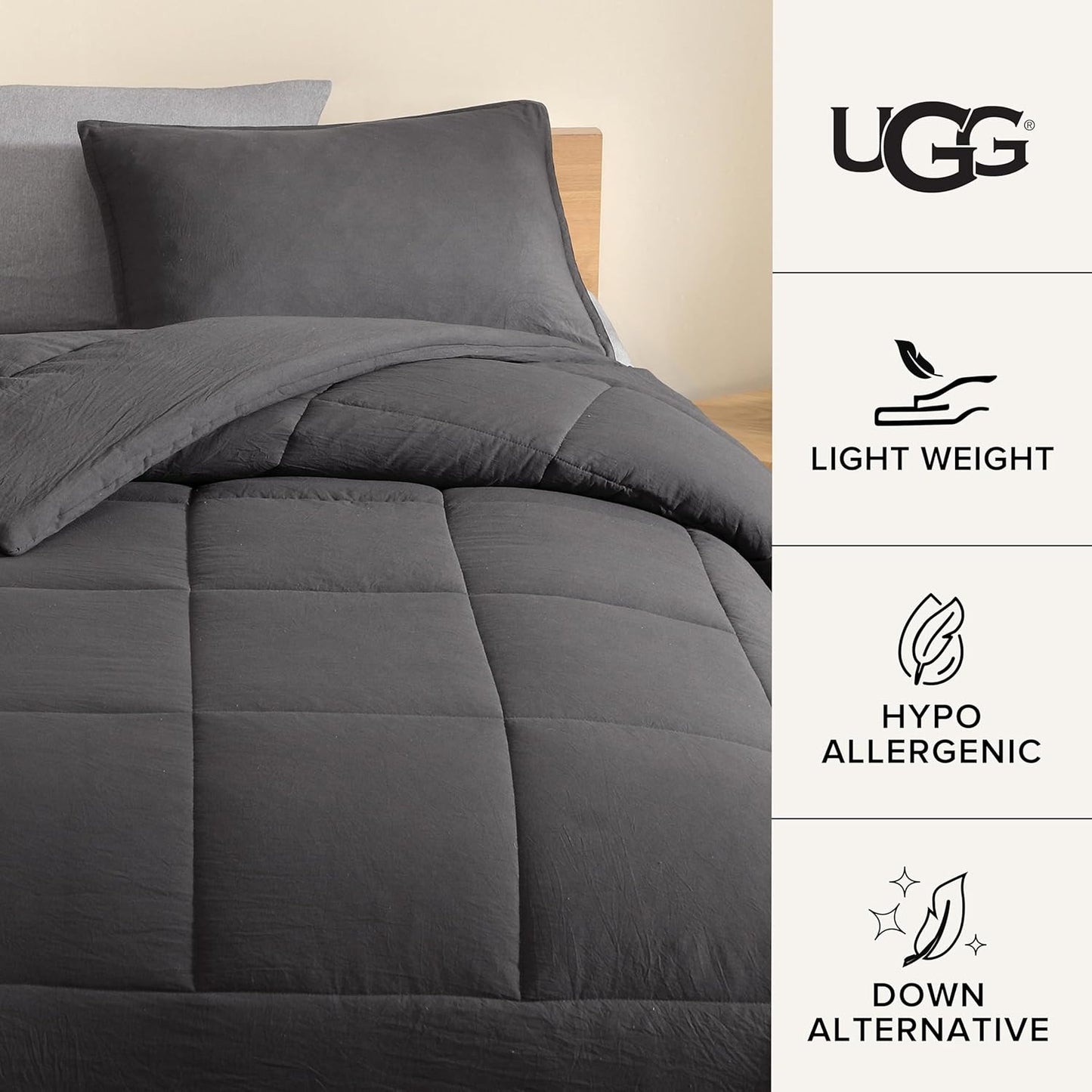 UGG Twin/XL Twin Comforter Set with 1 Pillow Sham, Lightweight Down Alternative Blanket, All Season, Washable & Hypoallergenic Bedding Set for College Apartment, Dorm Essential, Charcoal Grey (Lenora)